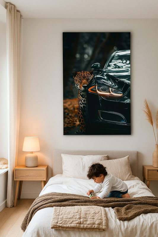 Élégance sauvage : Impression d'art représentant une Jaguar et une voiture de luxe | La nature rencontre le luxe