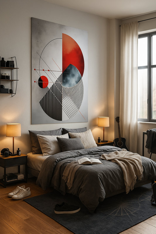 Art géométrique abstrait | Impression murale minimaliste rouge, noir et blanc