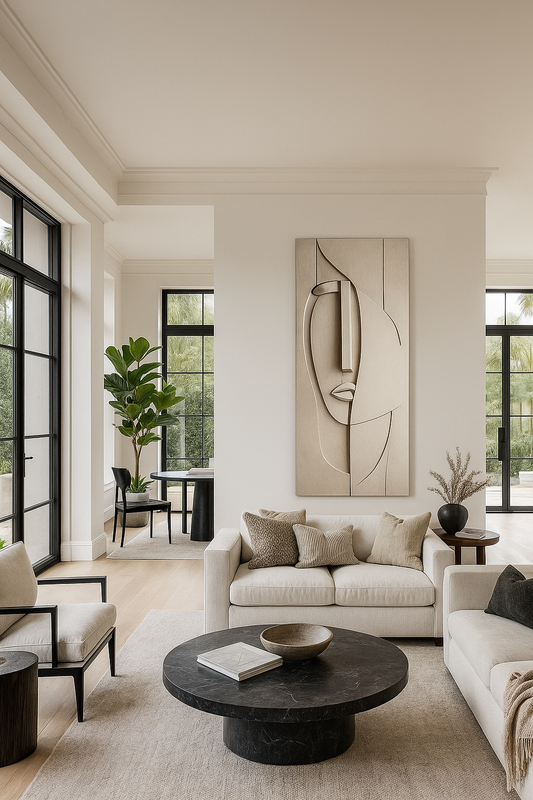 Visage abstrait : Impression sur bois minimaliste | Portrait sculptural aux tons neutres